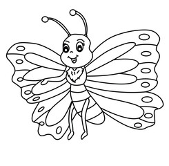 Cute cartoon hand drawn vector happy butterfly coloring page.