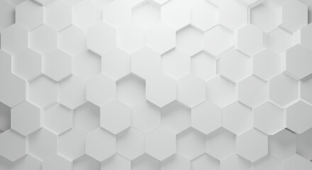 Fototapeta premium White hexagonal pattern, 3D geometric texture, abstract background, honeycomb structure, minimalist design, light and shadow play, monochromatic, subtle depth, architectural detail, clean modern aesth
