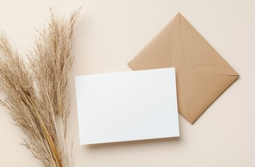Blank card, envelope, pampas grass, beige background; stationery mockup