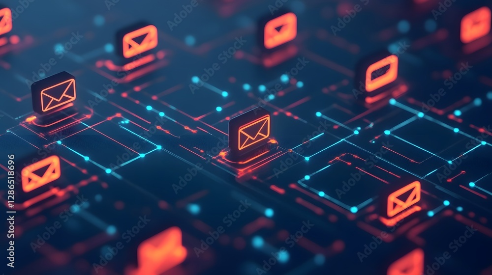 Poster futuristic digital workspace with abstract 3d icons and connectivity elements