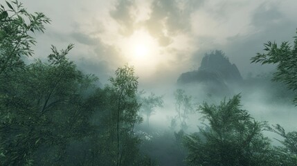 Foggy Mountain Landscape View with Dense Green Forest and Sunlight