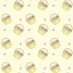 A seamless digital pattern featuring hand-drawn Easter baskets filled with colorful eggs and treats, accented with small pink hearts on a pastel background-Vector illustration