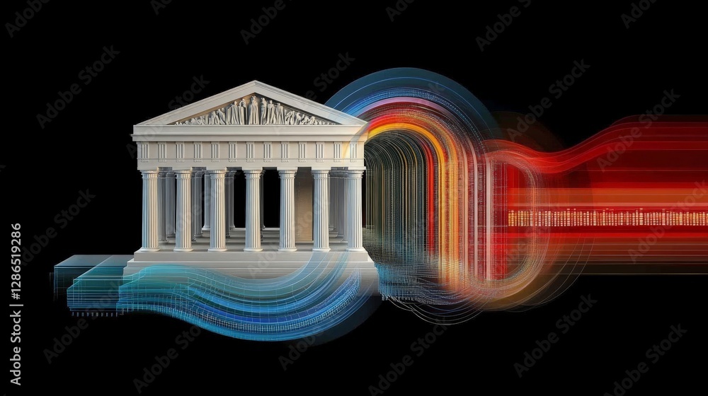 Poster ethereal temple structure with colorful light waves on black background