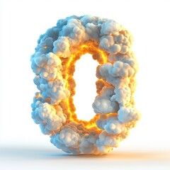 Number 0 made of soft fluffy clouds with golden sunlight shining through isolated on a clean white background