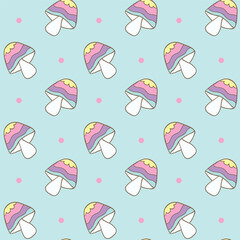 A seamless pattern featuring whimsical pastel mushrooms with multicolored wavy caps on a soft blue background, perfect for playful and fantasy-themed designs-vector illustration