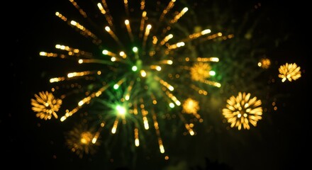 Obraz premium Fireworks display, night sky, golden bursts, green sparkles, festive celebration, colorful explosions, dark background, new year's eve, dazzling light show, pyrotechnics, aerial illumination, starry p