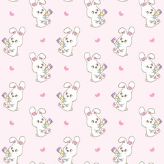Seamless pattern featuring an adorable bunny holding a paintbrush and decorating an Easter egg on a pastel pink background, perfect for festive designs-Vector illustration