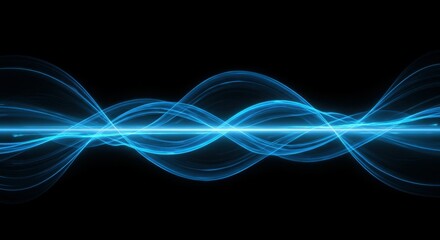 Obraz premium Abstract waves, glowing blue lines, intertwining curves, black background, digital art, neon effect, flowing energy, dynamic composition, futuristic design, ethereal light trails, smooth gradients, te