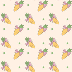 Seamless pattern featuring hand-drawn carrots tied with pink ribbon bows on a soft pastel background, ideal for fabric, wallpaper, and Easter designs-Vector illustration