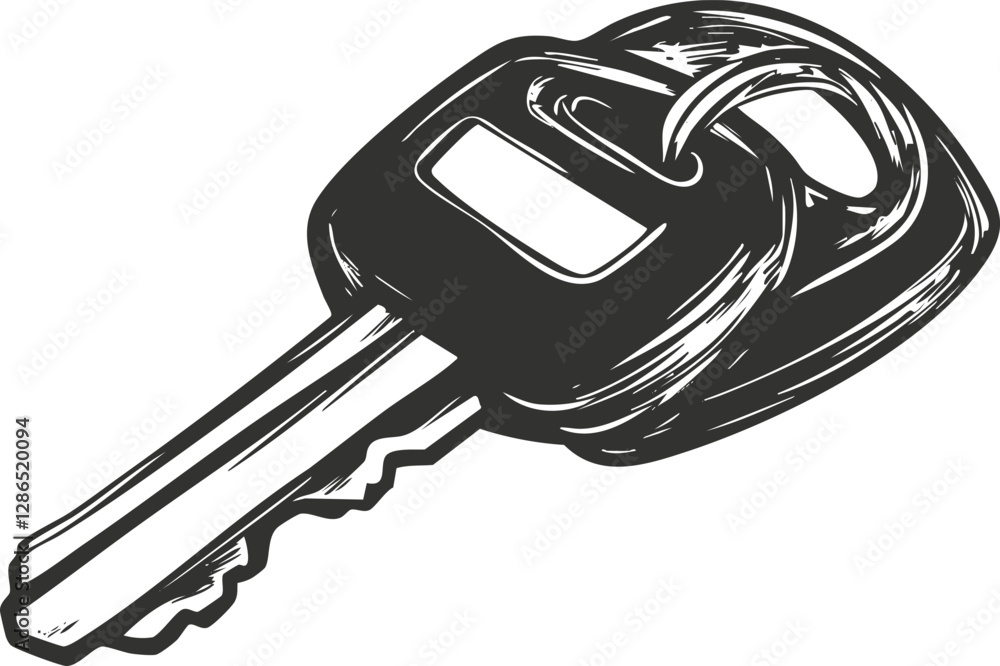Poster monochrome illustration of a key with a keyring in sketch style.