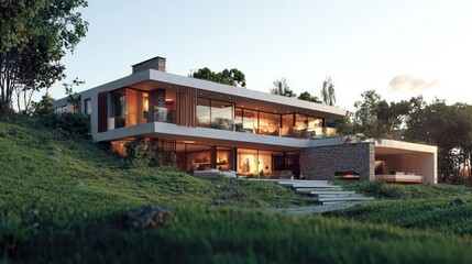 Fototapeta premium Modern Hillside Home: Architectural Design at Dusk