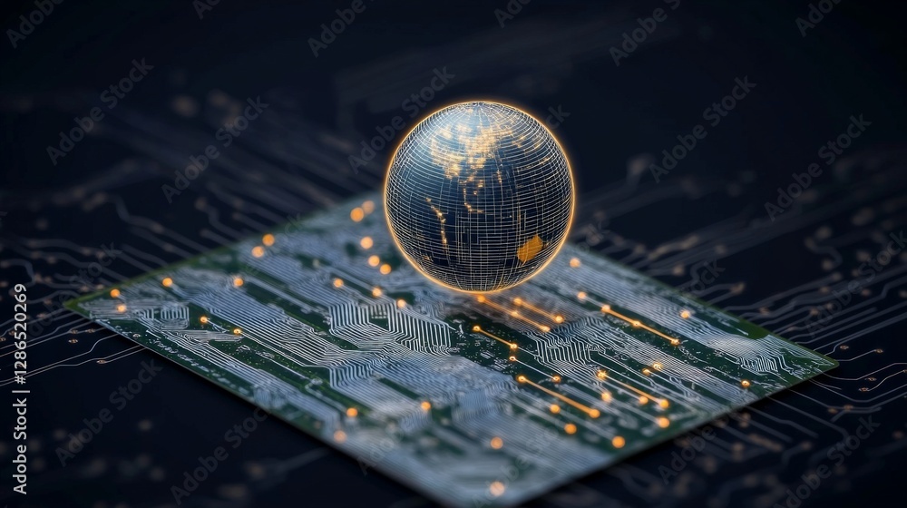 Poster global connectivity concept with circuit board and earth visualization