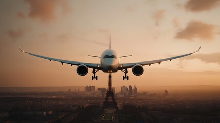 Airplane Soaring Over Iconic Eiffel Tower and Paris Cityscape at Sunset