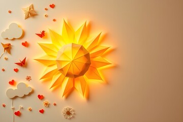 Radiant origami sun with paper hearts and clouds on beige background. Playful paper art. Children’s theme, love concepts. Children’s day