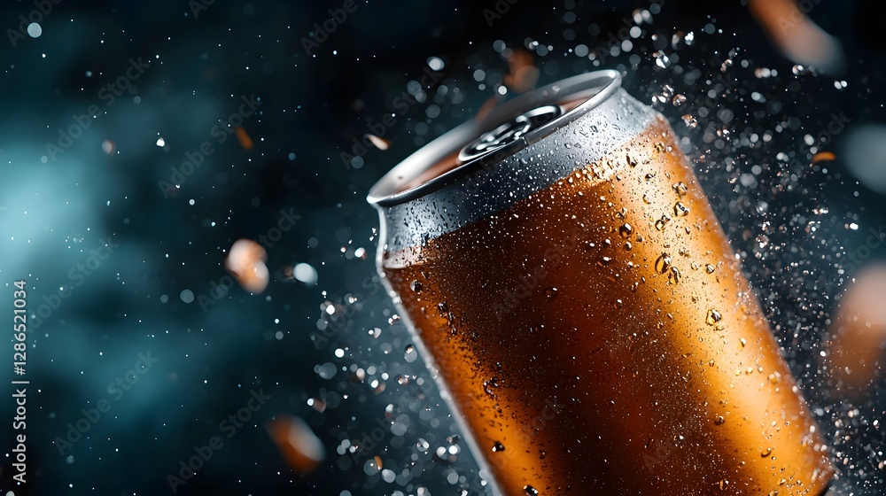 Poster augmented reality holographic soda can emerging from glowing liquid explosion futuristic refreshment
