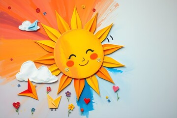 Bright origami happy face sun with birds and flowers illustration. Nature theme. Creative paper craft sun.