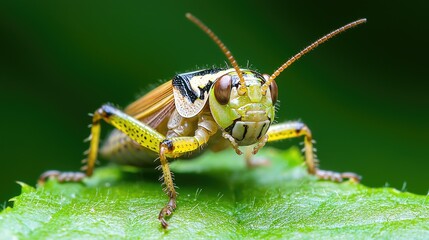Fototapeta premium Grasshopper on leaf, nature macro, green background, insect detail