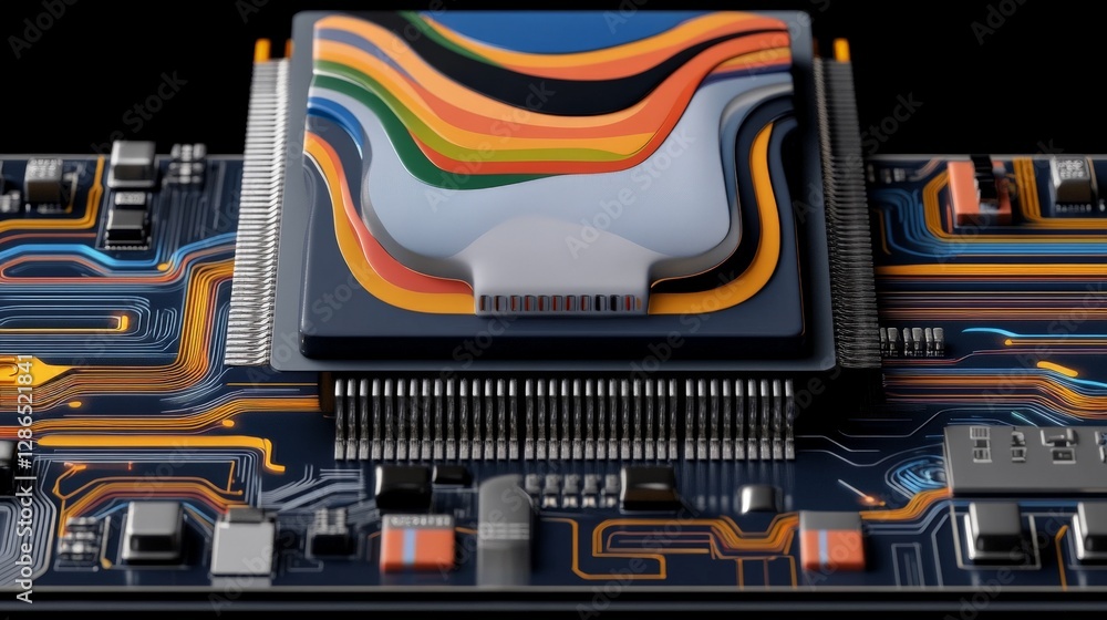 Poster colorful circuit board with abstract chip design and vibrant patterns