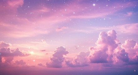 Cosmic sky, vibrant pink and purple clouds, starry night, dreamy atmosphere, ethereal landscape, celestial beauty, cotton candy colors, surreal twilight, magical horizon, wispy cloud formations, spark
