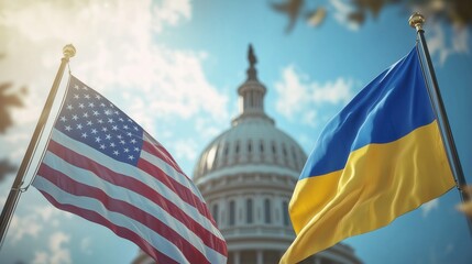 A symbol of diplomacy with the USA and Ukraine flags side by side in a political setting