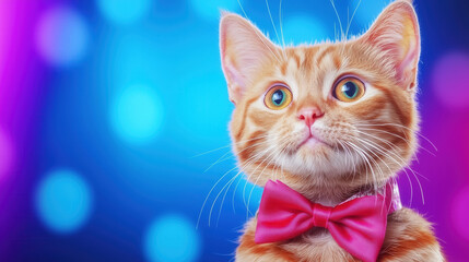 Stylish orange tabby cat dressed in a bowtie looking curious under colorful lights