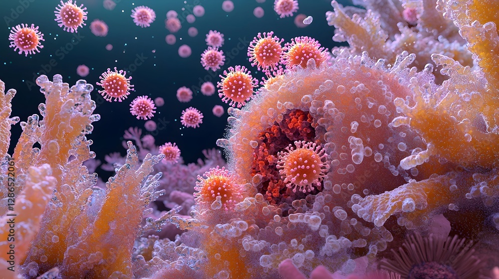 Poster close up microscopic view of tb bacteria spreading within the lungs surrounded by floating microscop