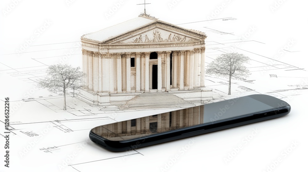 Poster architectural concept with smartphone and classical building design