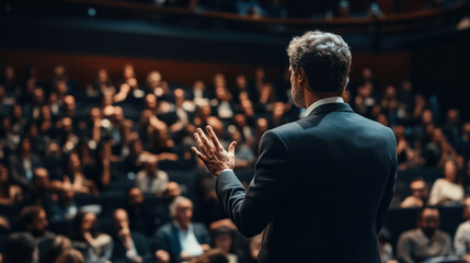 speaker in suit addresses attentive audience in large auditorium, creating engaging atmosphere