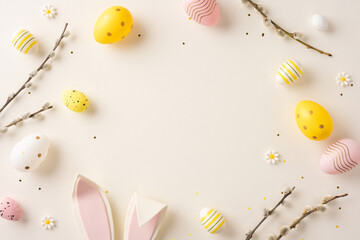 Decorative arrangement featuring Easter eggs, bunny ears, willow branches, and flowers for spring celebrations © ActionGP