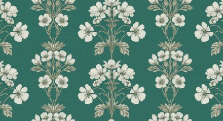 Vintage floral wallpaper pattern, teal green background, white flowers, delicate botanical illustration, antique aesthetic, seamless repeat design, intricate foliage details, muted color palette, Vict