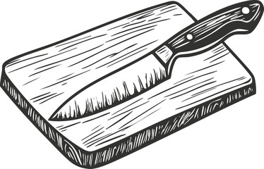 Hand-drawn illustration of a kitchen knife on a cutting board.