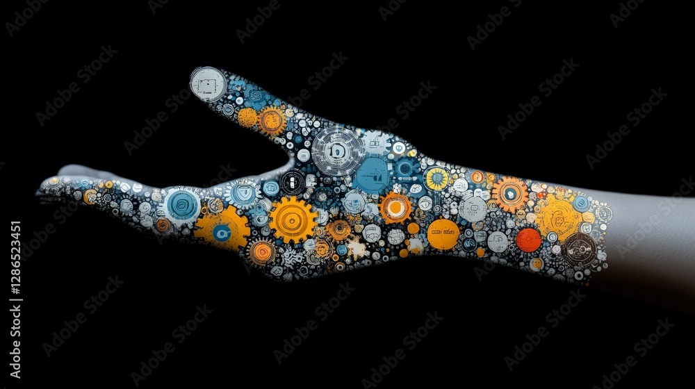 Poster futuristic hand with colorful gears and technology patterns