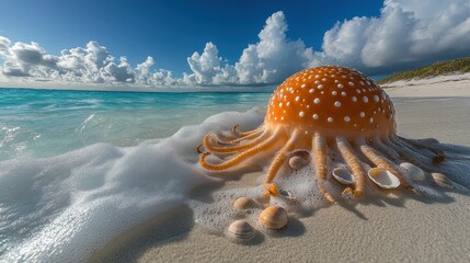 Orange sea creature washed ashore on tropical beach with seashells and waves. Background shows vast ocean and sky.  Possible use Travel brochure, nature magazine