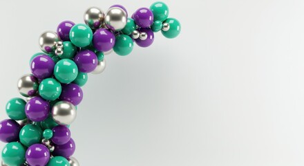 Fototapeta premium Colorful Christmas ornaments, metallic spheres, purple and teal baubles, curved arrangement, white background, festive holiday decor, shiny surfaces, macro photography, minimalist composition, reflect