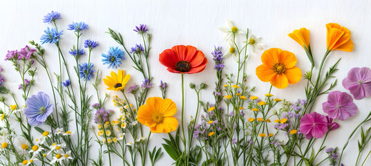 Colorful spring wildflowers arranged in a vibrant display against a neutral background, showcasing a variety of species in different hues and sizes © Iryna
