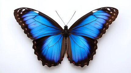 Obraz premium Detailed View of a Vibrant Blue Butterfly with Symmetrical Wings Against a White Background
