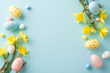 Lovely arrangement of pastel Easter eggs, yellow blossoms, and decorative elements portraying...