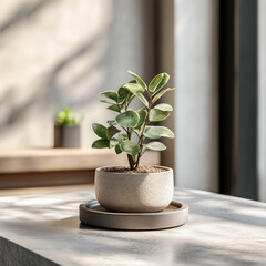 small potted plant sits on table in sunlit room, casting soft shadows