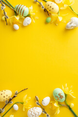 Easter-themed vertical arrangement with decorated eggs and blooming flowers, emphasizing vibrant...
