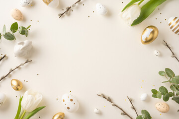 Decorative flat lay arrangement featuring Easter eggs, white tulips, and green foliage on a light...