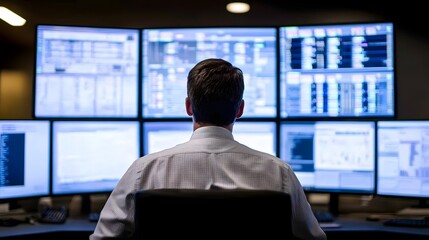 Cybersecurity Expert Monitoring Multiple Screens in High-Tech Control Room