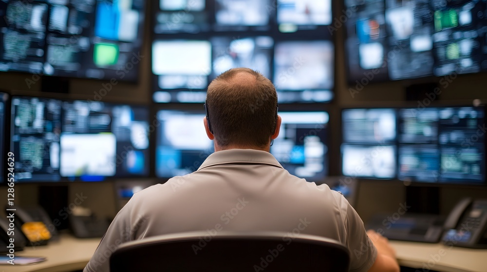 Poster cybersecurity expert monitoring multiple high-tech digital screens in a control room