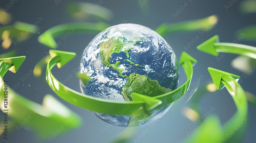 Poster dynamic 3d composition of the globe surrounded by curved green arrows highlighting the principles an