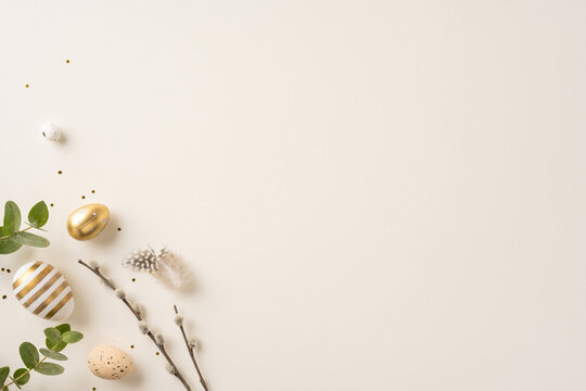 Minimalistic composition featuring gold and striped Easter eggs paired with green foliage and branches. Perfect for festive greetings, seasonal concepts, or elegant holiday decoration themes