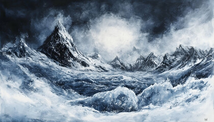 Obraz premium Illustration of Frozen Mountains, Blizzard, Snow, Ice, and Winter Landscape