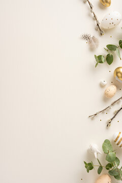 Flat lay vertical image featuring Easter decorations with golden and white eggs, willow branches, and greenery creating a balanced and festive composition on a neutral background