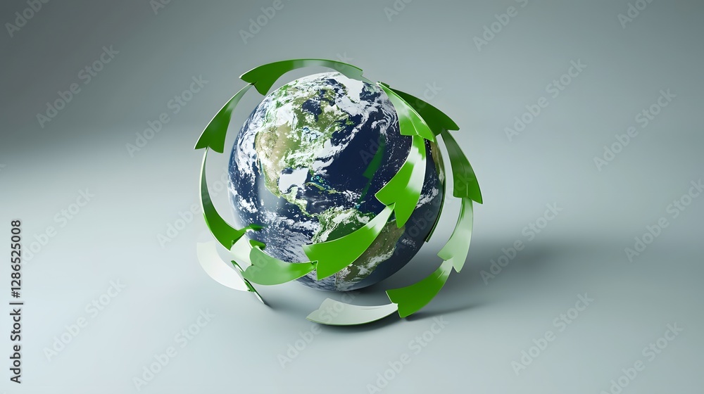 Poster environmental awareness concept featuring a 3d rendered globe with green arrows forming a continuous