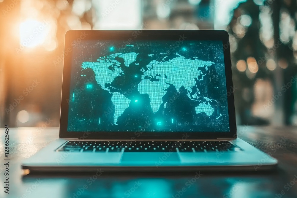 Poster modern laptop with world map display in a cozy workspace
