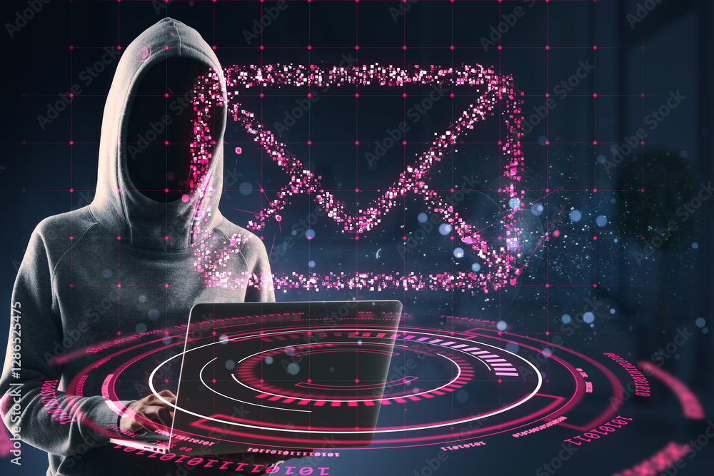 Aufkleber Cyber hacker with laptop and glowing digital email symbol in virtual space.