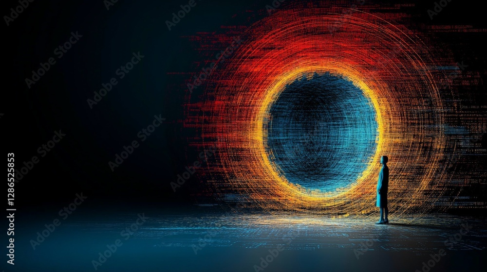 Poster person standing before a circular portal of digital data visualization
